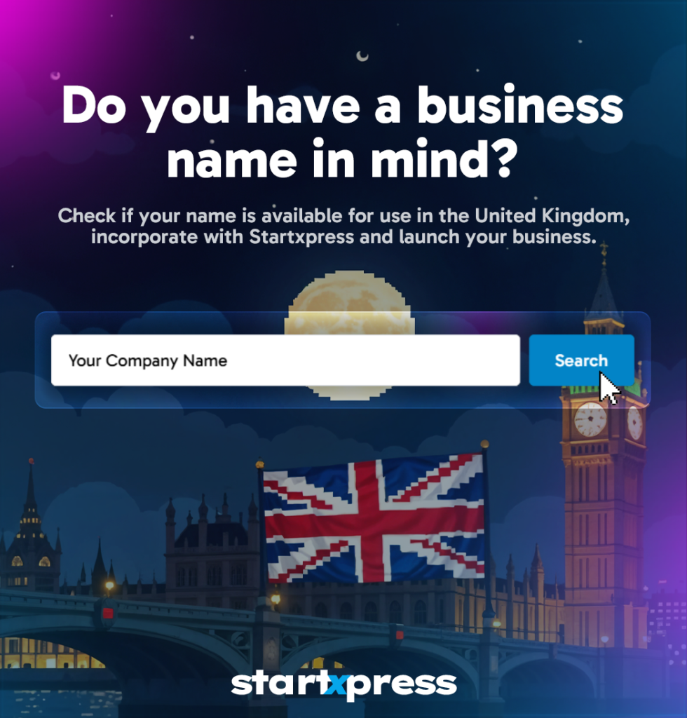 UK business name check tool by Startxpress with a search box to verify company name availability, featuring a London night scene and Union Jack flag.